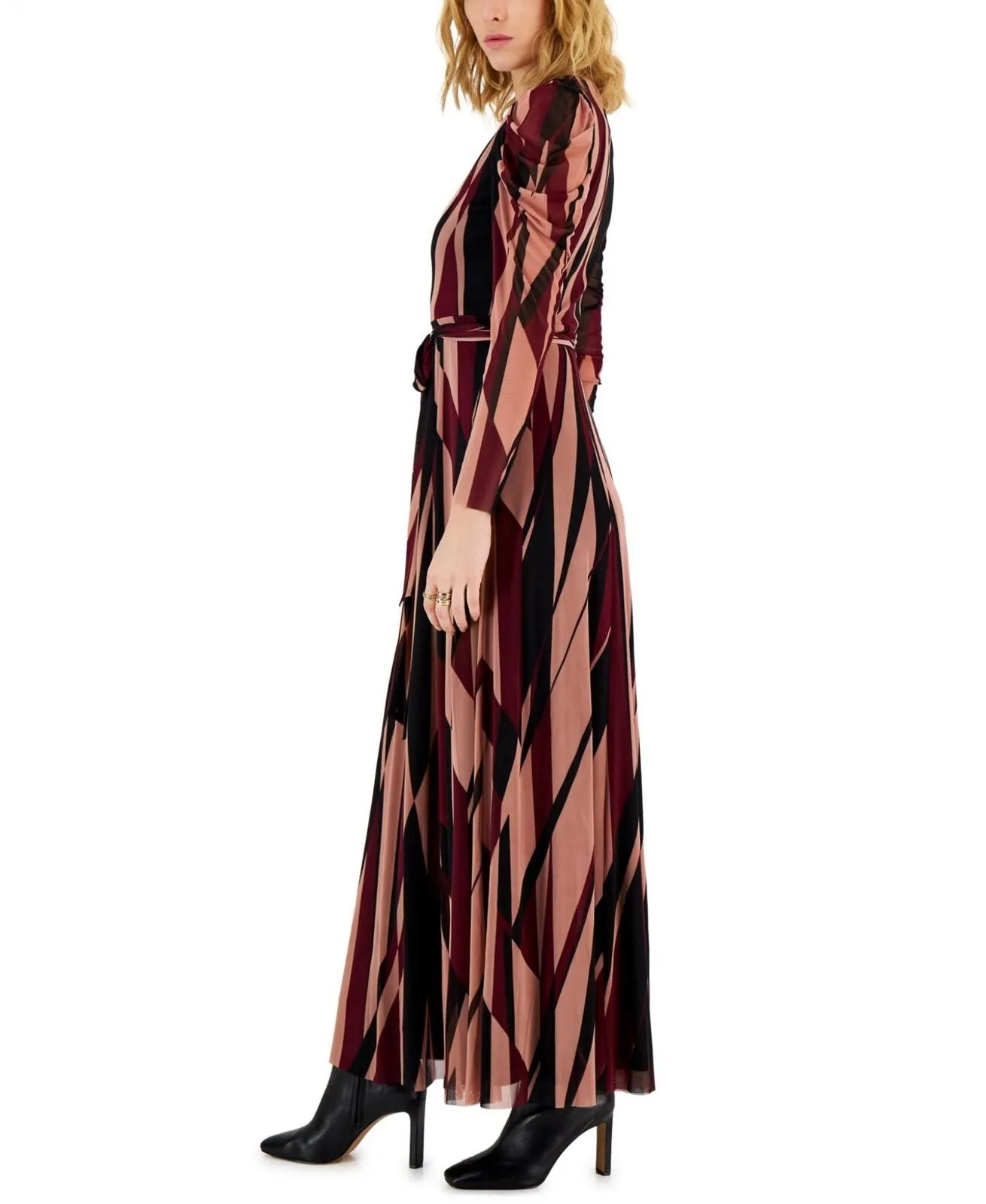 Anne Klein Womens Mesh Printed Puff-Sleeve Maxi Dress 10853397 Anise Combo Red S