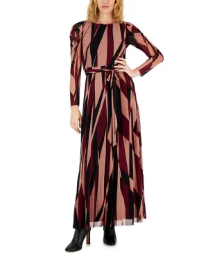 Anne Klein Womens Mesh Printed Puff-Sleeve Maxi Dress 10853397 Anise Combo Red S