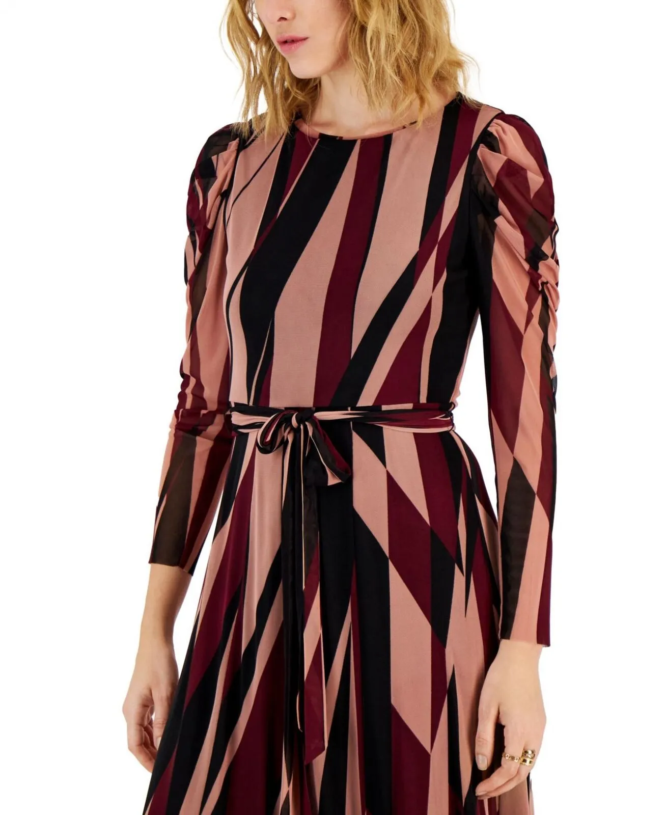 Anne Klein Womens Mesh Printed Puff-Sleeve Maxi Dress 10853397 Anise Combo Red S