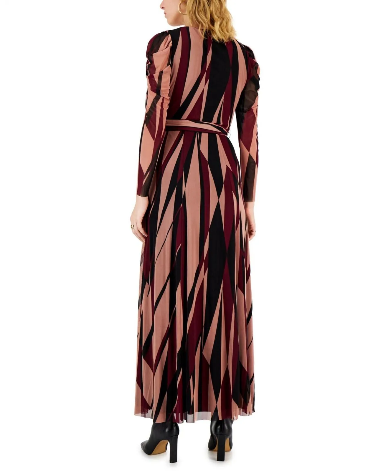 Anne Klein Womens Mesh Printed Puff-Sleeve Maxi Dress 10853397 Anise Combo Red S