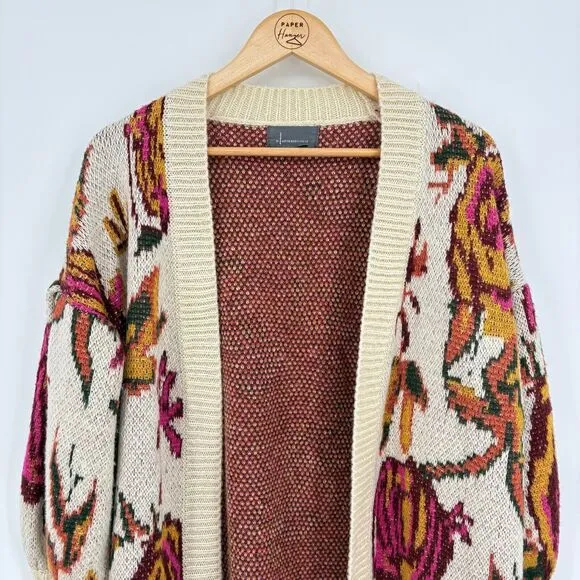 Anthropologie Brooke Floral Wool Blend Knit Long Cardigan Sweater Sz Small, Boho