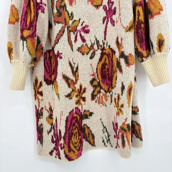 Anthropologie Brooke Floral Wool Blend Knit Long Cardigan Sweater Sz Small, Boho