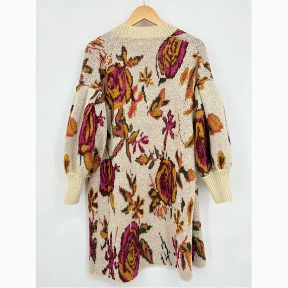 Anthropologie Brooke Floral Wool Blend Knit Long Cardigan Sweater Sz Small, Boho