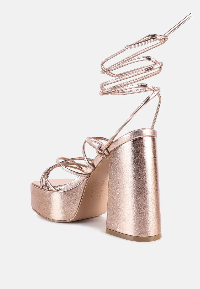 Anvil Metallic Block Heeled Lace Up Sandals By Ruw