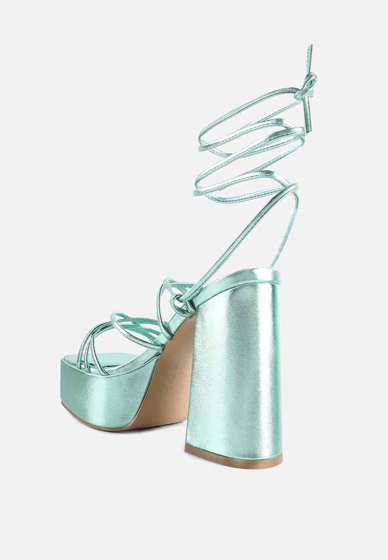 Anvil Metallic Block Heeled Lace Up Sandals By Ruw