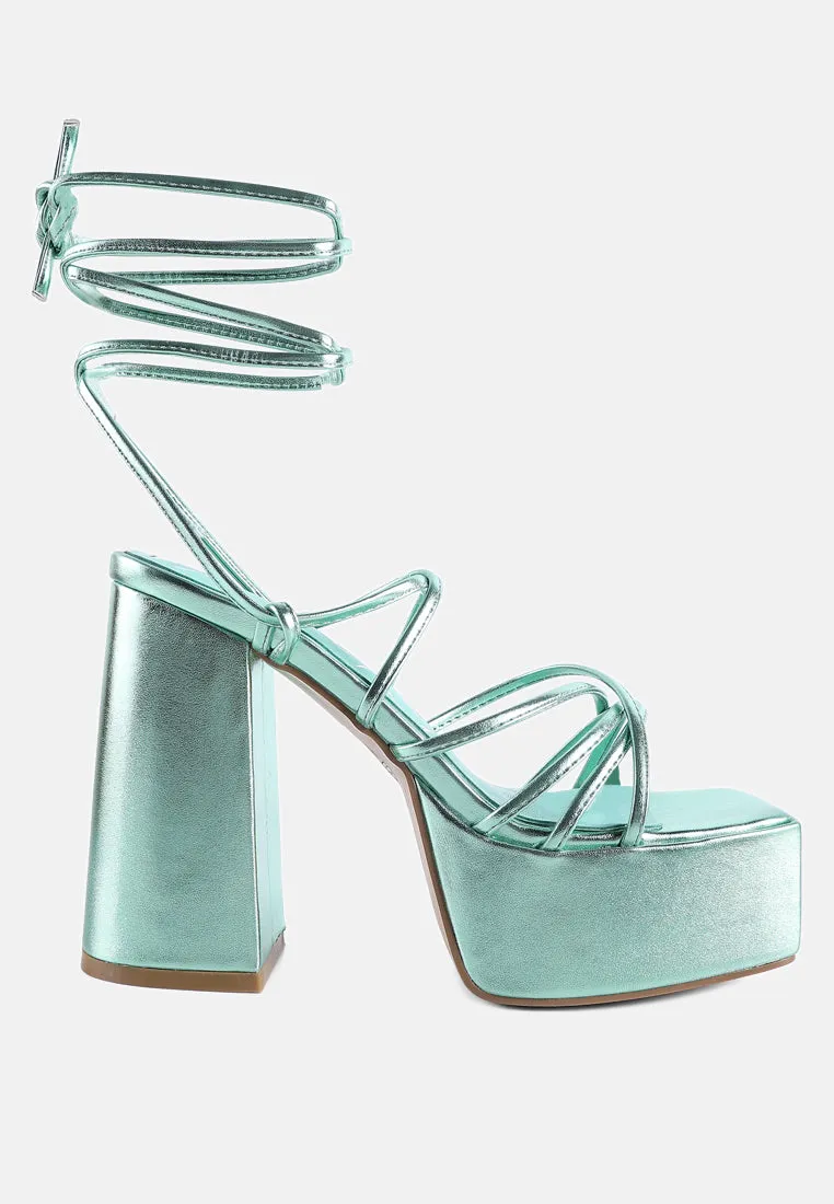 Anvil Metallic Block Heeled Lace Up Sandals By Ruw