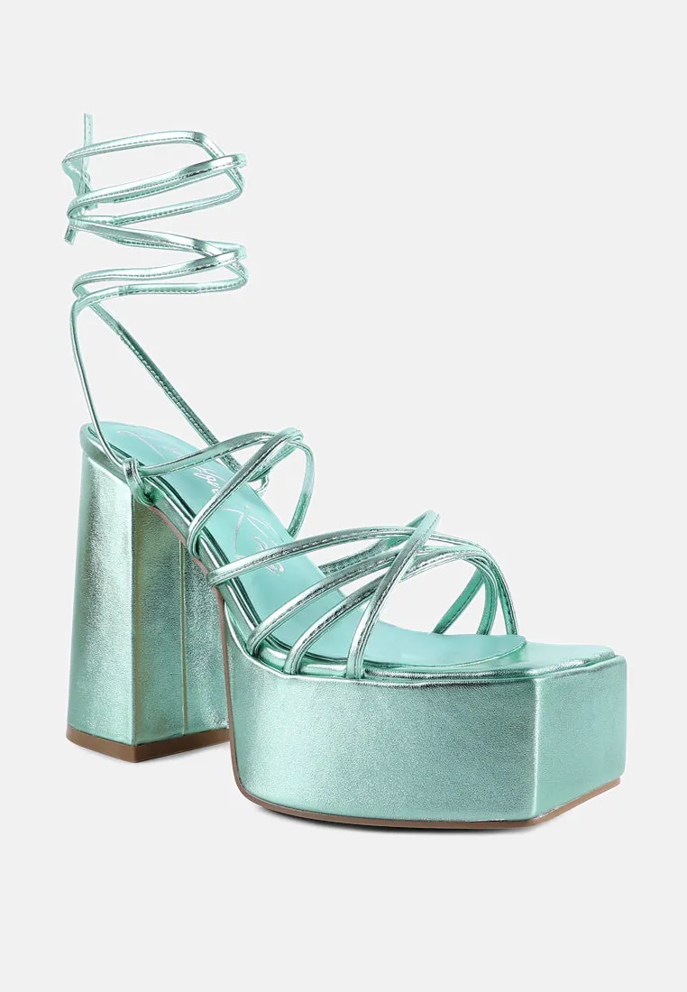 Anvil Metallic Block Heeled Lace Up Sandals By Ruw