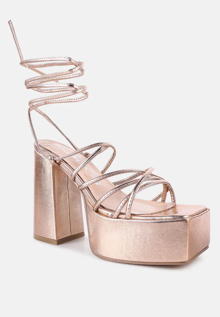Anvil Metallic Block Heeled Lace Up Sandals By Ruw