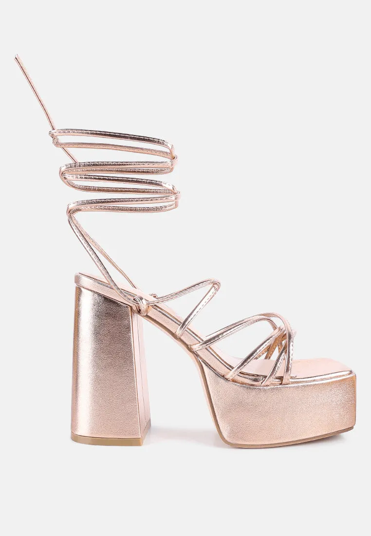 Anvil Metallic Block Heeled Lace Up Sandals By Ruw