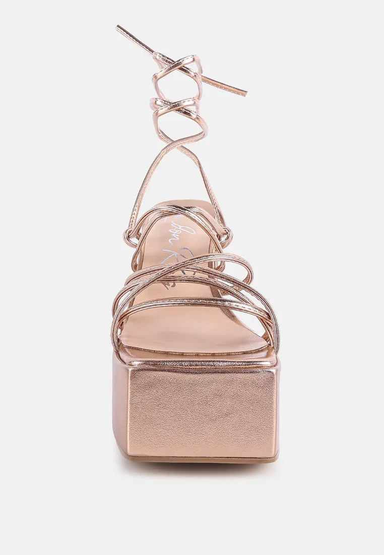 Anvil Metallic Block Heeled Lace Up Sandals By Ruw