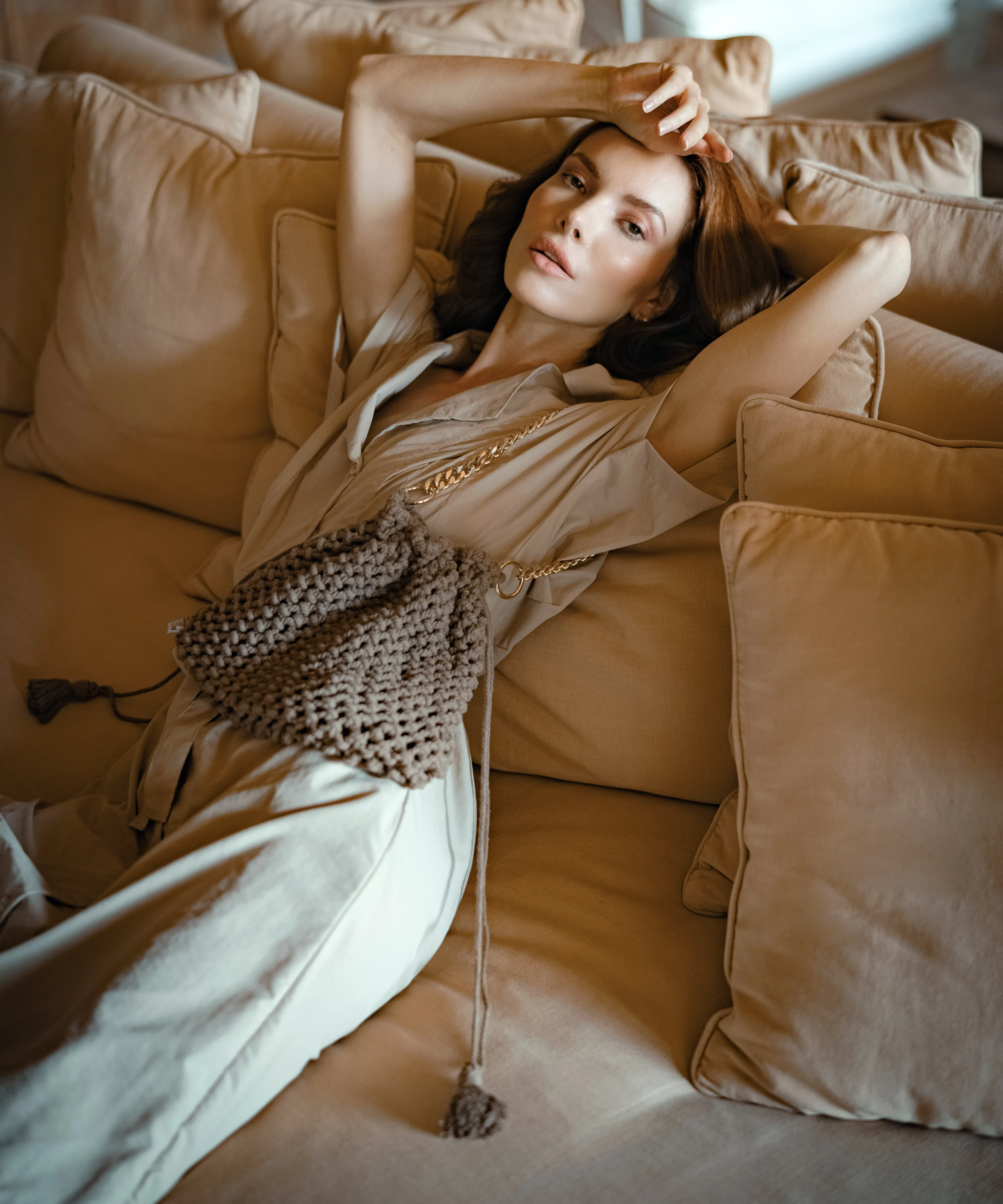 Arya Safari Linen Midi Dress in Beige
