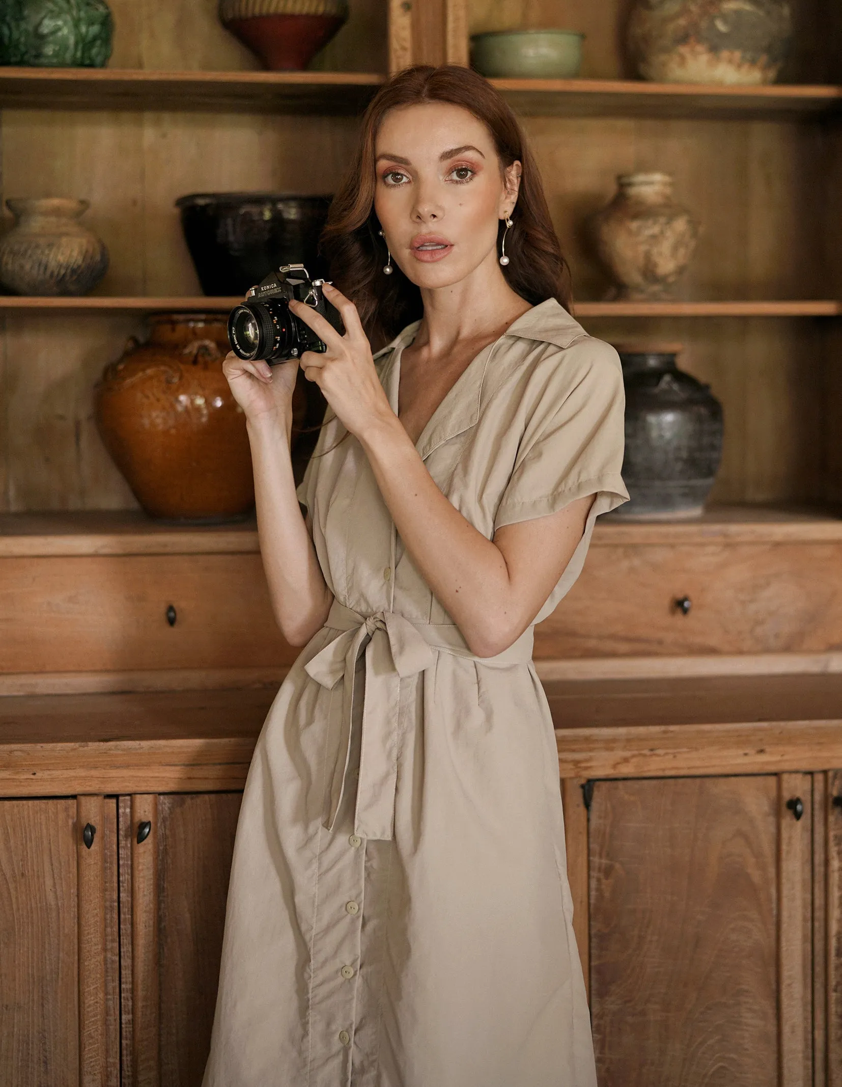 Arya Safari Linen Midi Dress in Beige