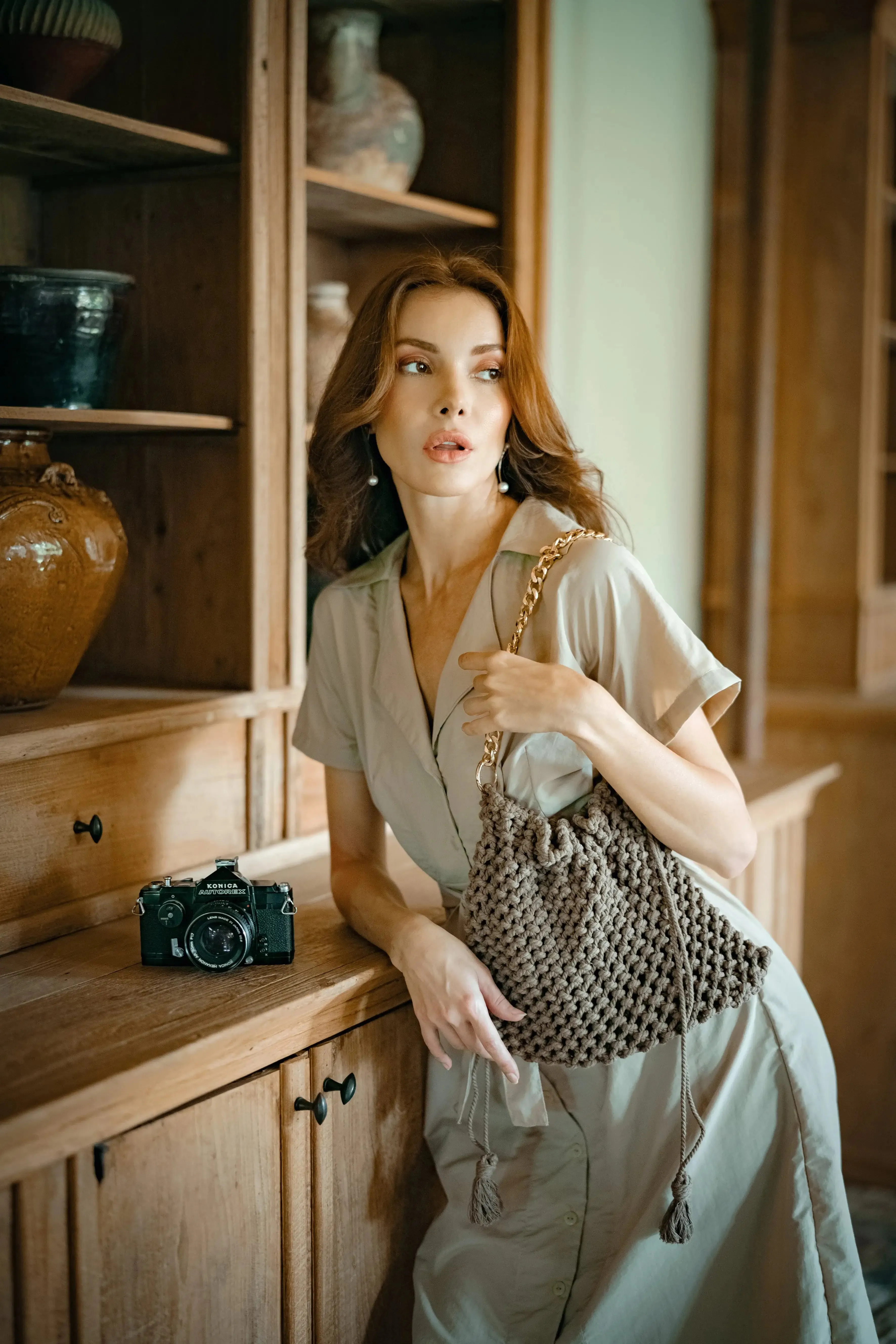 Arya Safari Linen Midi Dress in Beige