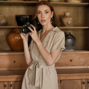 Arya Safari Linen Midi Dress in Beige