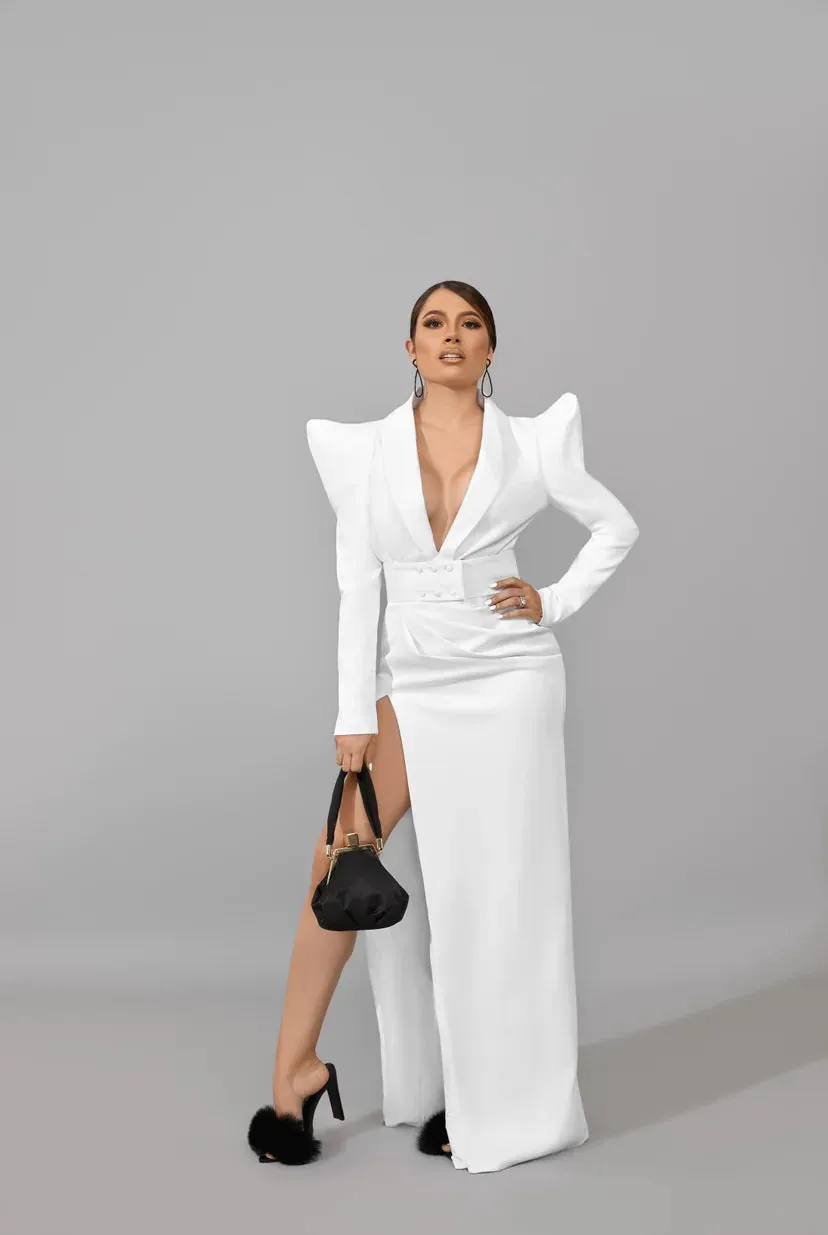 Asuso Couture Akwiri White High Slit Strong Shoulder Dress