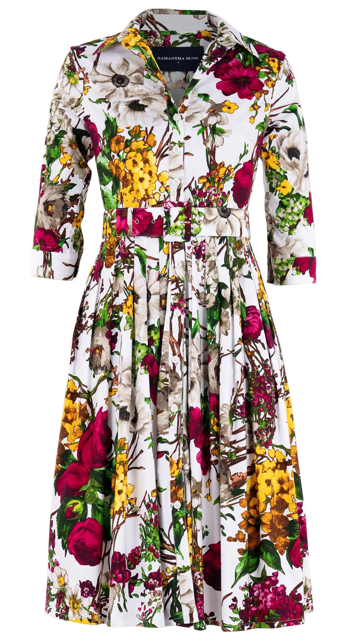 Audrey Dress #2 Shirt Collar 3/4 Sleeve Long Length Cotton Stretch (Alpine Flowers)