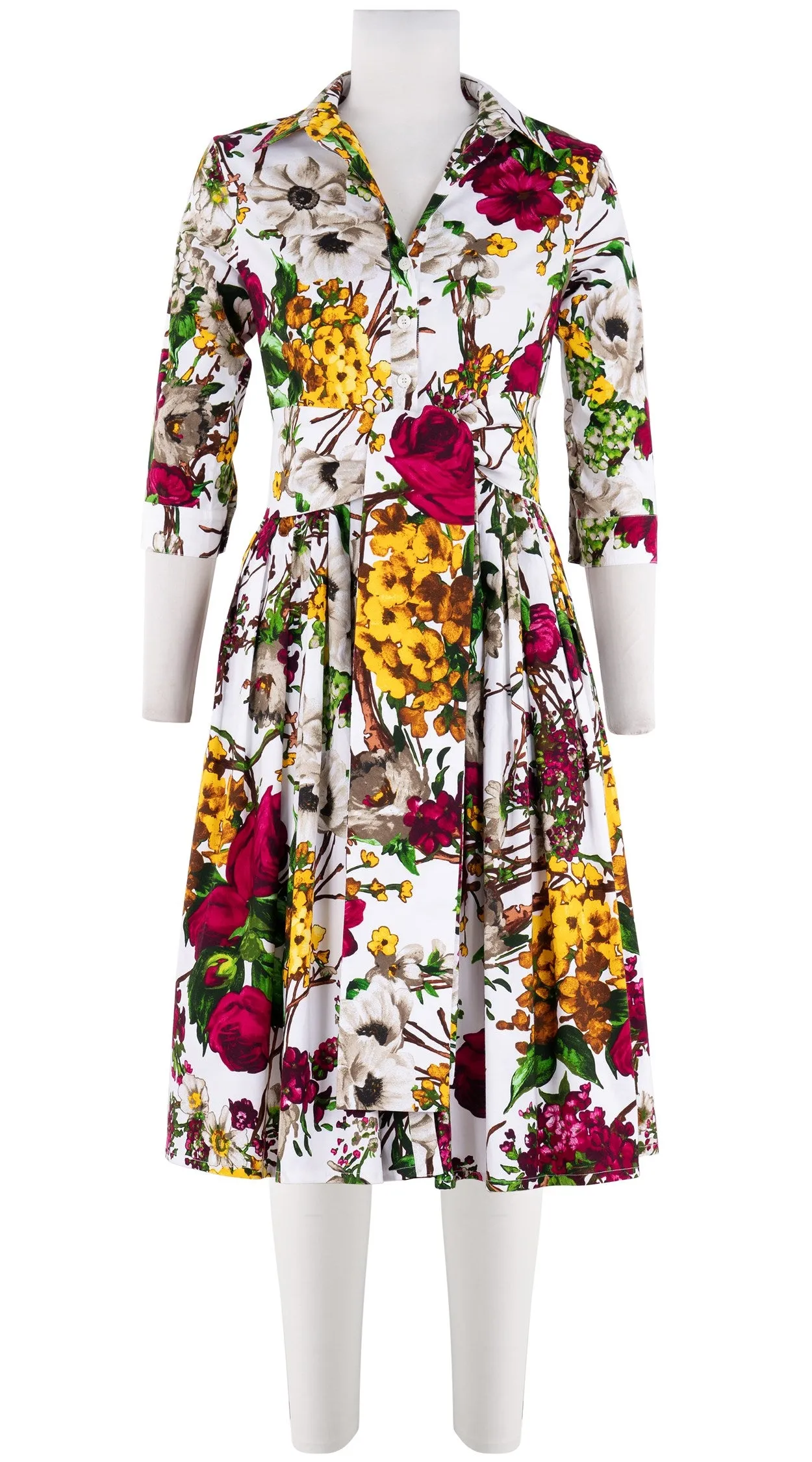Audrey Dress #2 Shirt Collar 3/4 Sleeve Long Length Cotton Stretch (Alpine Flowers)