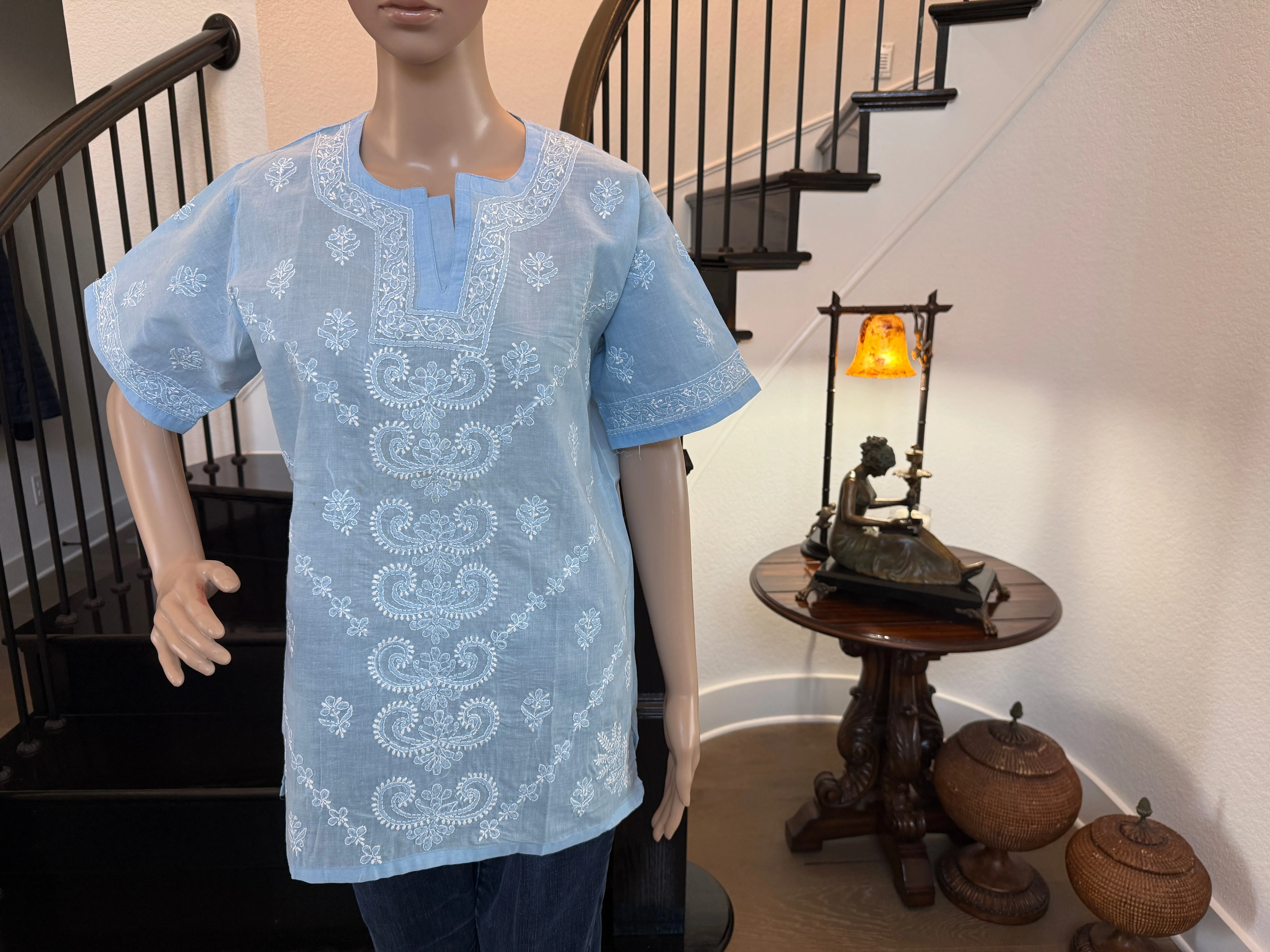 Azaura – Airy Sky Blue Chikankari Short Sleeve Kurta | A Breeze of Tranquil Charm 🌤️