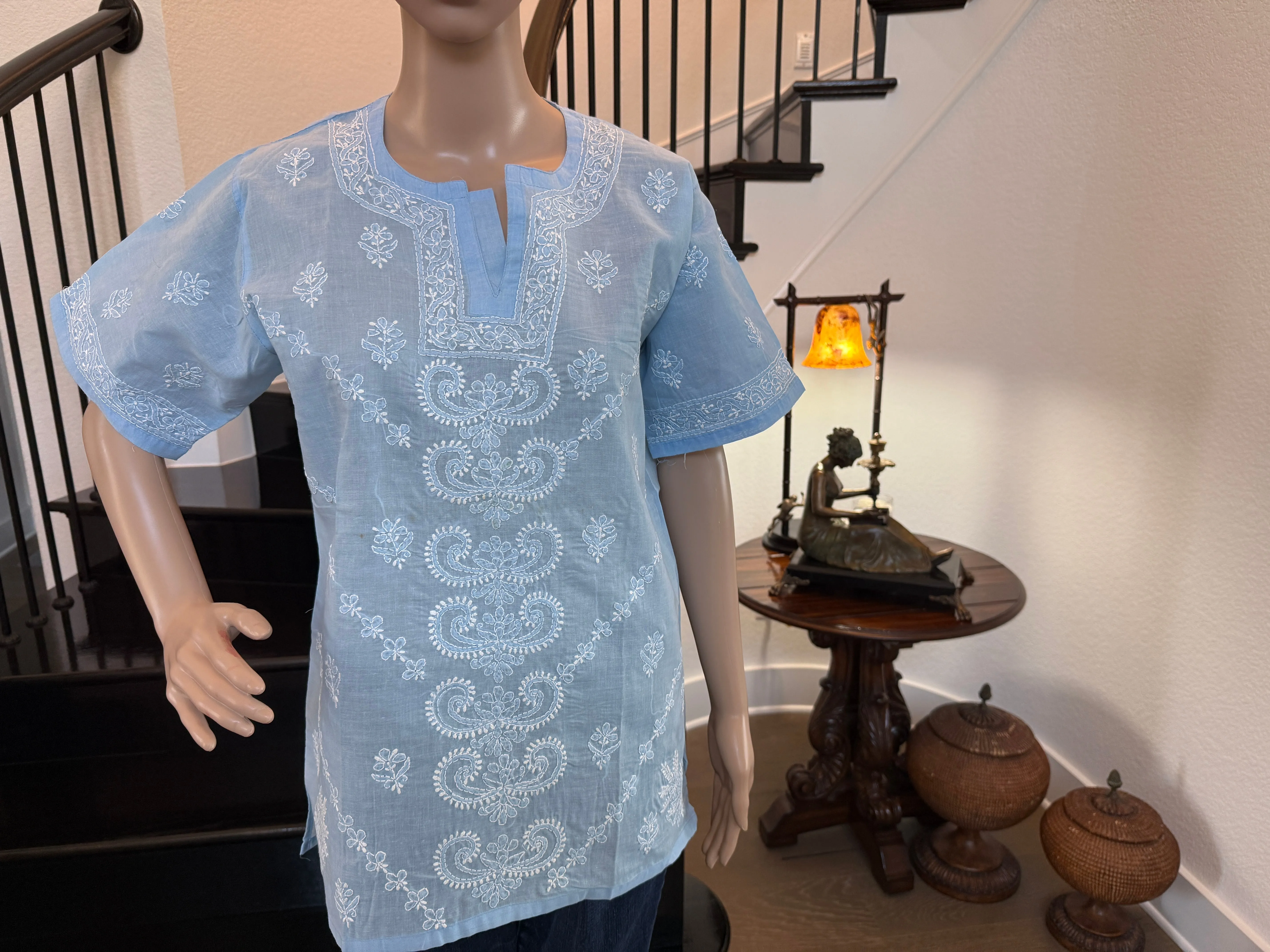 Azaura – Airy Sky Blue Chikankari Short Sleeve Kurta | A Breeze of Tranquil Charm 🌤️