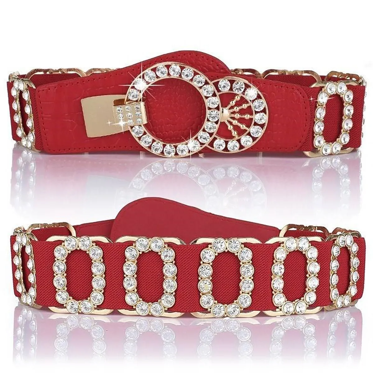 B007 - ELASTIC BELT WITH OVAL CRYSTAL/GOLD ACCENT