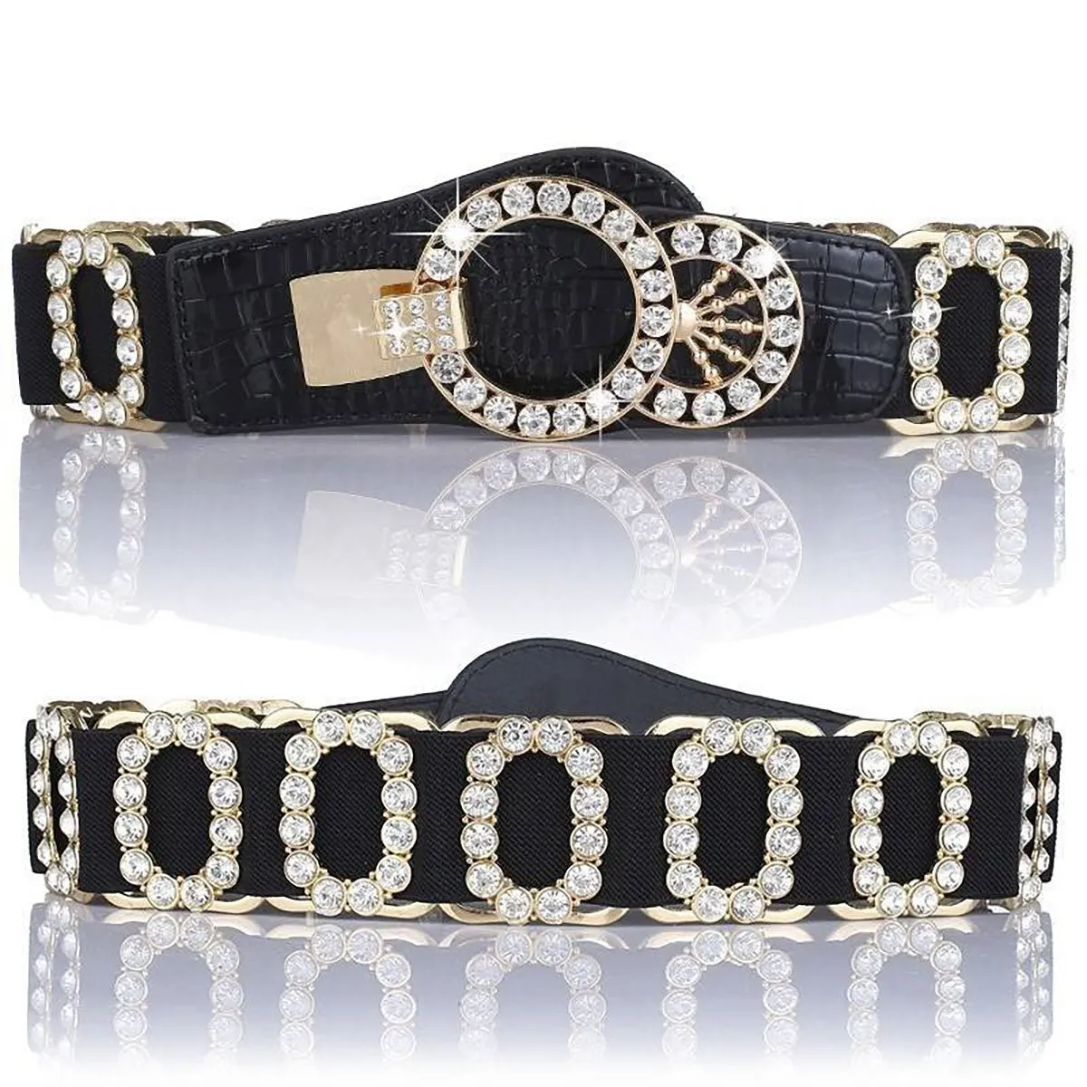 B007 - ELASTIC BELT WITH OVAL CRYSTAL/GOLD ACCENT