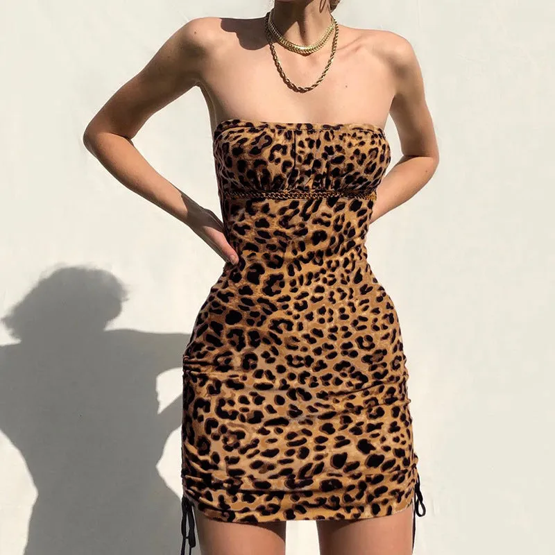 Backless Drawstring Strapless Floral Leopard Mini Dresses