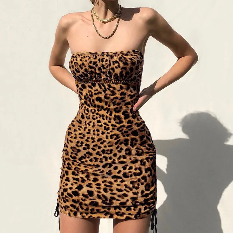 Backless Drawstring Strapless Floral Leopard Mini Dresses