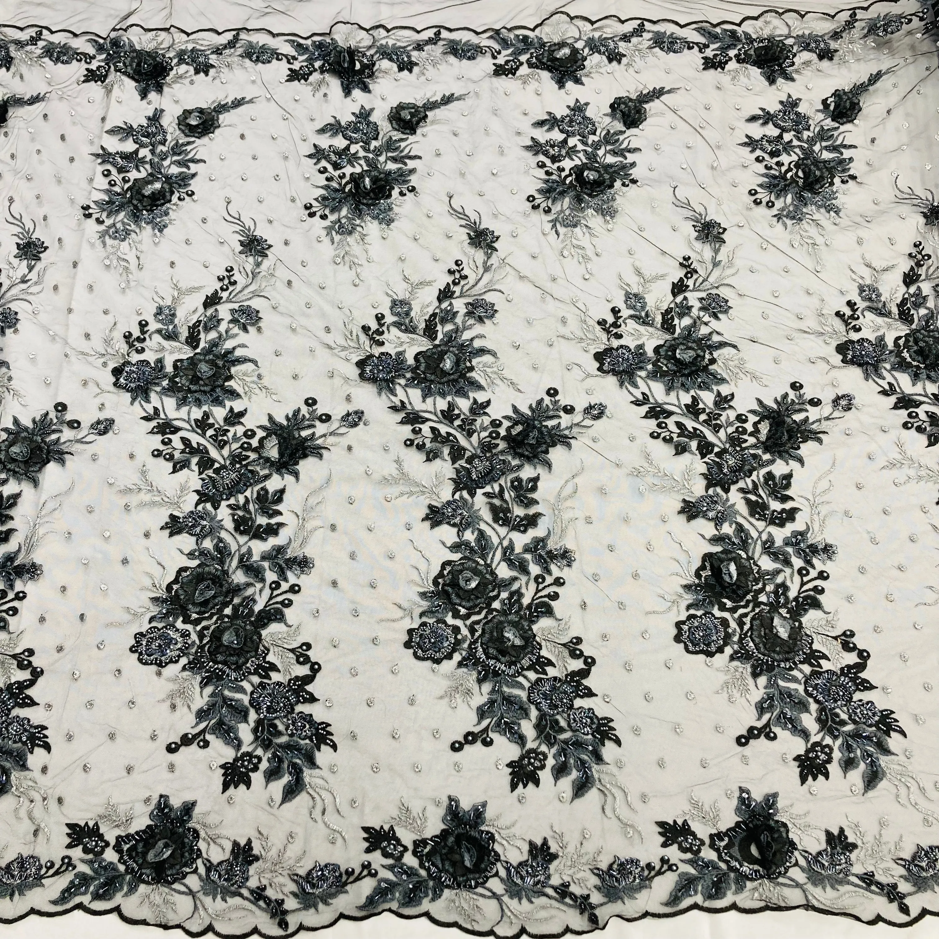 Beaded 3D Floral Lace Fabric Embroidered on 100% Polyester Net Mesh | Lace USA - GD-416