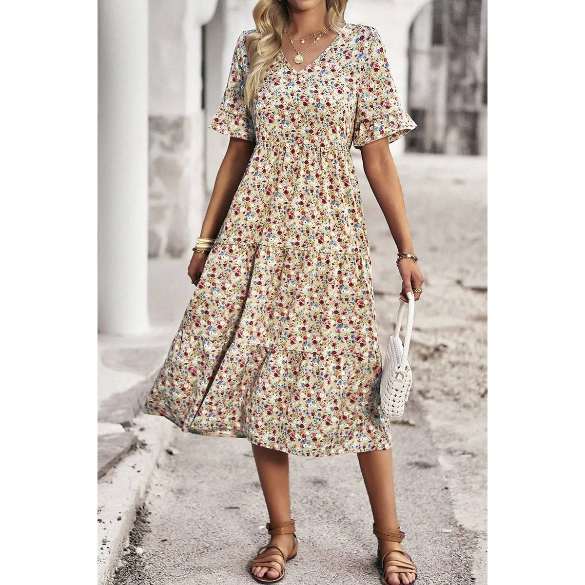 Beige Floral Print Fit Ruffle Sleeve Midi Dress