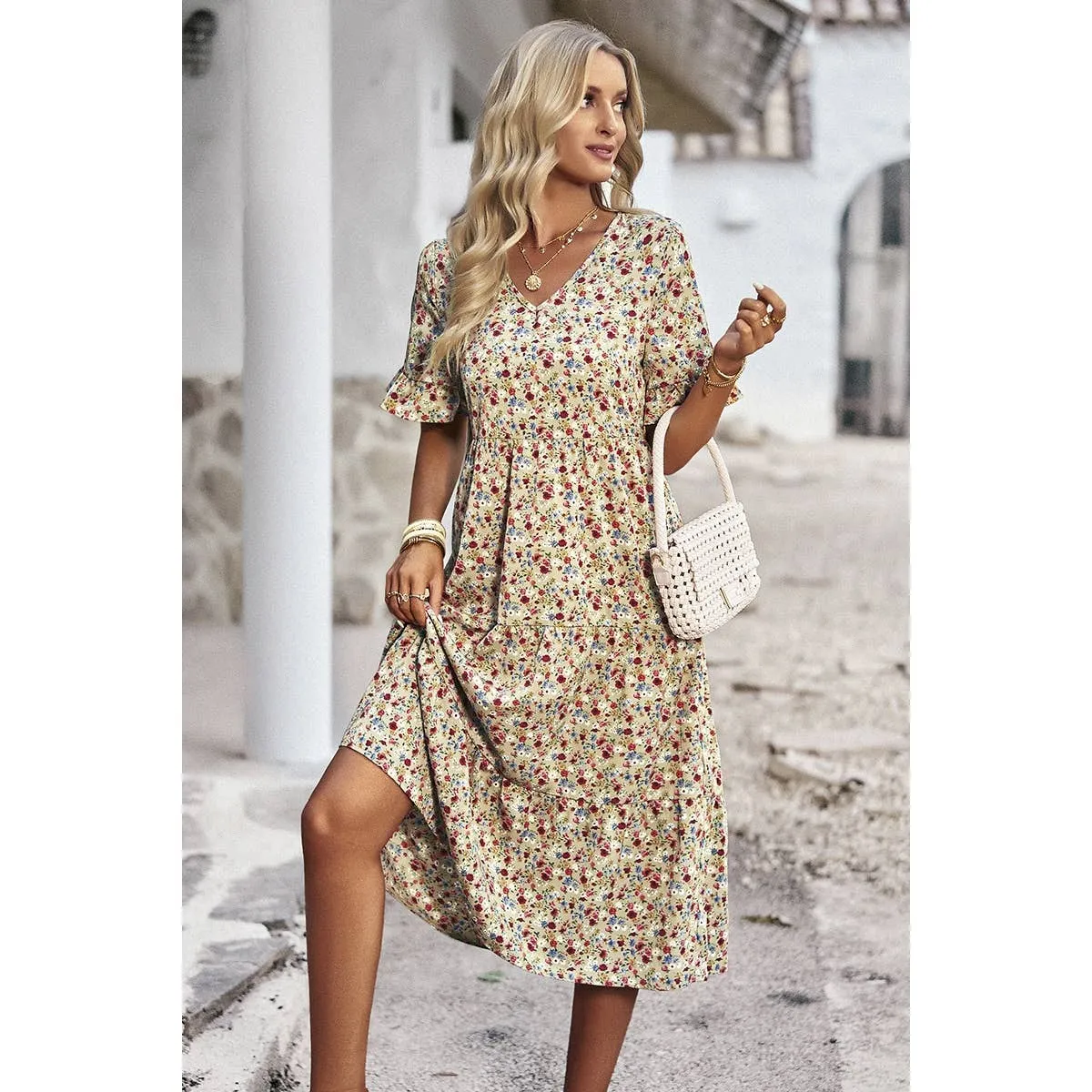 Beige Floral Print Fit Ruffle Sleeve Midi Dress