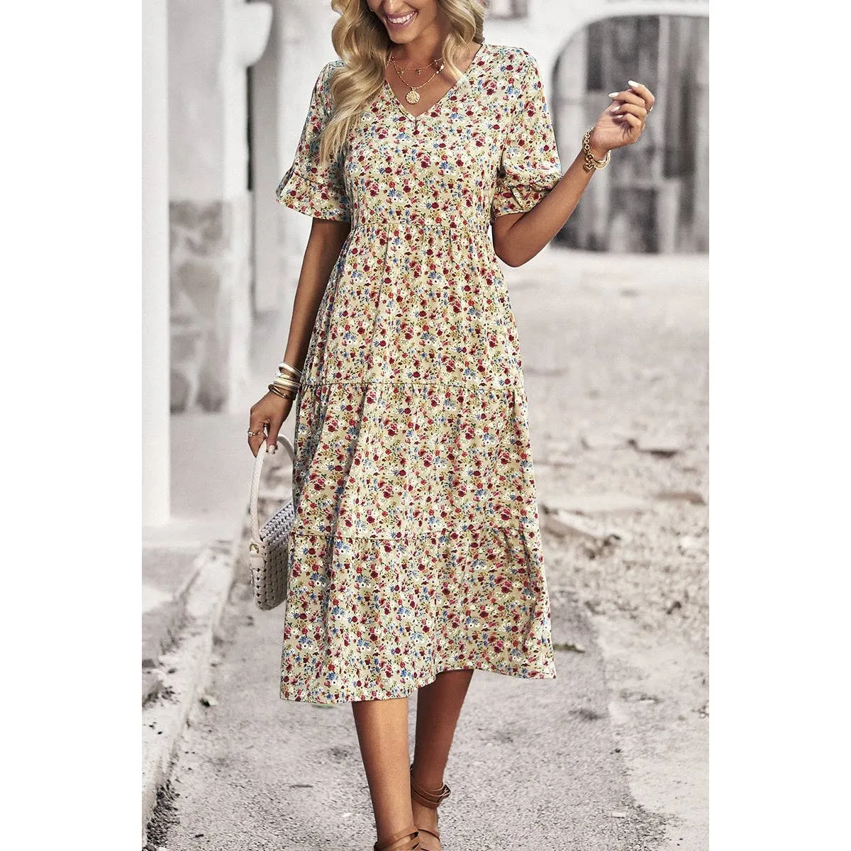 Beige Floral Print Fit Ruffle Sleeve Midi Dress