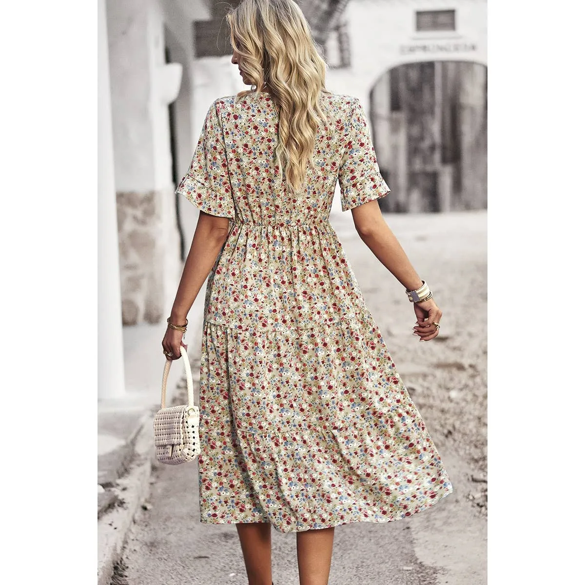 Beige Floral Print Fit Ruffle Sleeve Midi Dress