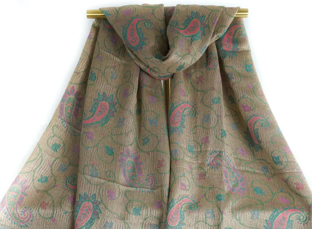 Beige Paisley Vines Pashmina Scarf Bohemian Shawl