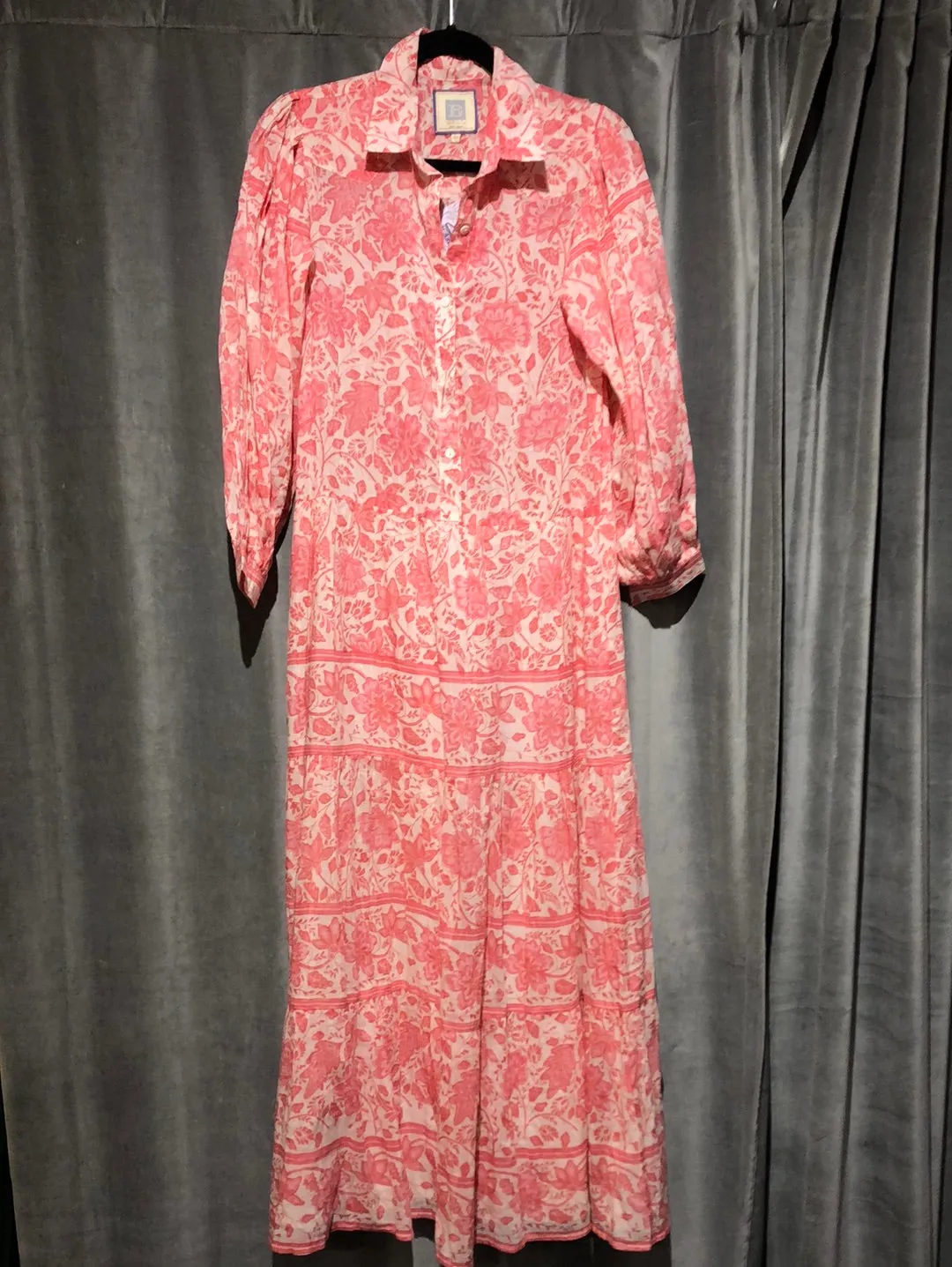 Bell White and Pink Floral Long Sleeve Maxi Dress Half Button Dress