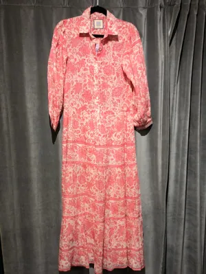 Bell White and Pink Floral Long Sleeve Maxi Dress Half Button Dress