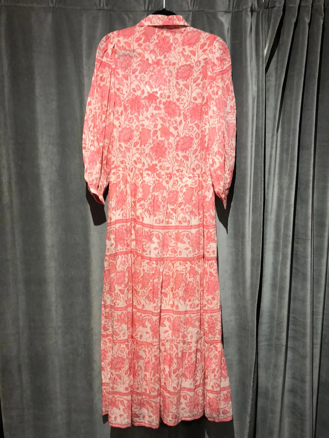 Bell White and Pink Floral Long Sleeve Maxi Dress Half Button Dress