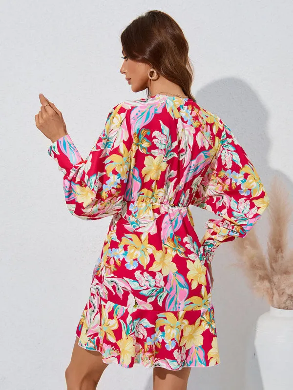 BerryBetty - Women's Floral Wrap V-neck Fit And Flare Dress