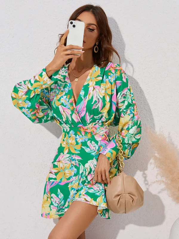 BerryBetty - Women's Floral Wrap V-neck Fit And Flare Dress