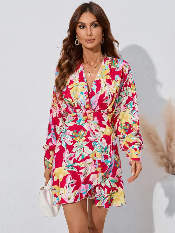BerryBetty - Women's Floral Wrap V-neck Fit And Flare Dress