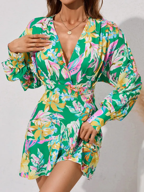 BerryBetty - Women's Floral Wrap V-neck Fit And Flare Dress