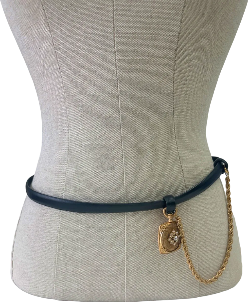 Black Belt with Gold Chain and Locket Pendant UK M