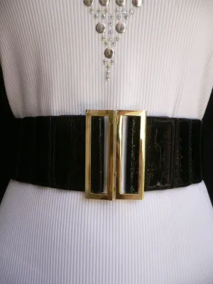 Black Faux Leather Stretch Back Hip High Waist Elastic Belt Gold Square Metal Buckle S M