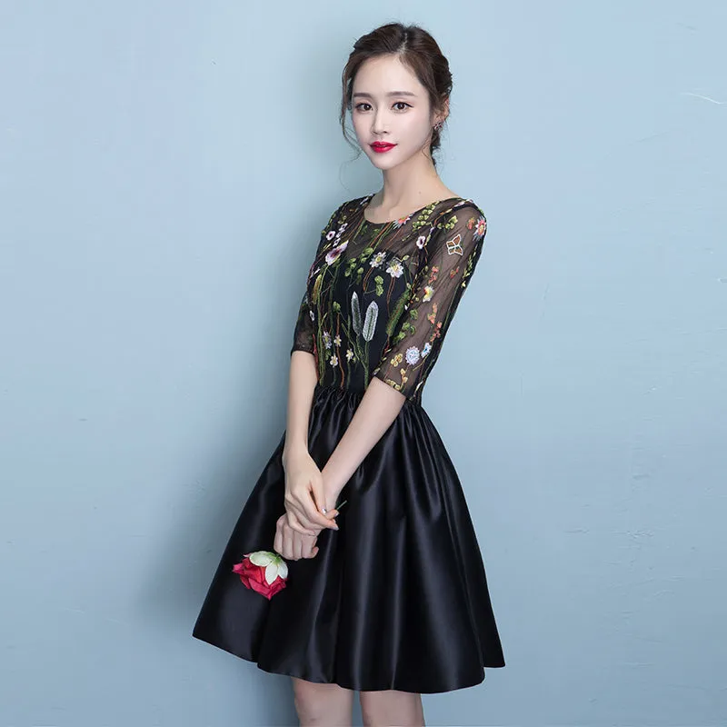 Black Floral Lace Short Sleeves Homeocming Dress, Back Party Dress Wedding Party Dress
