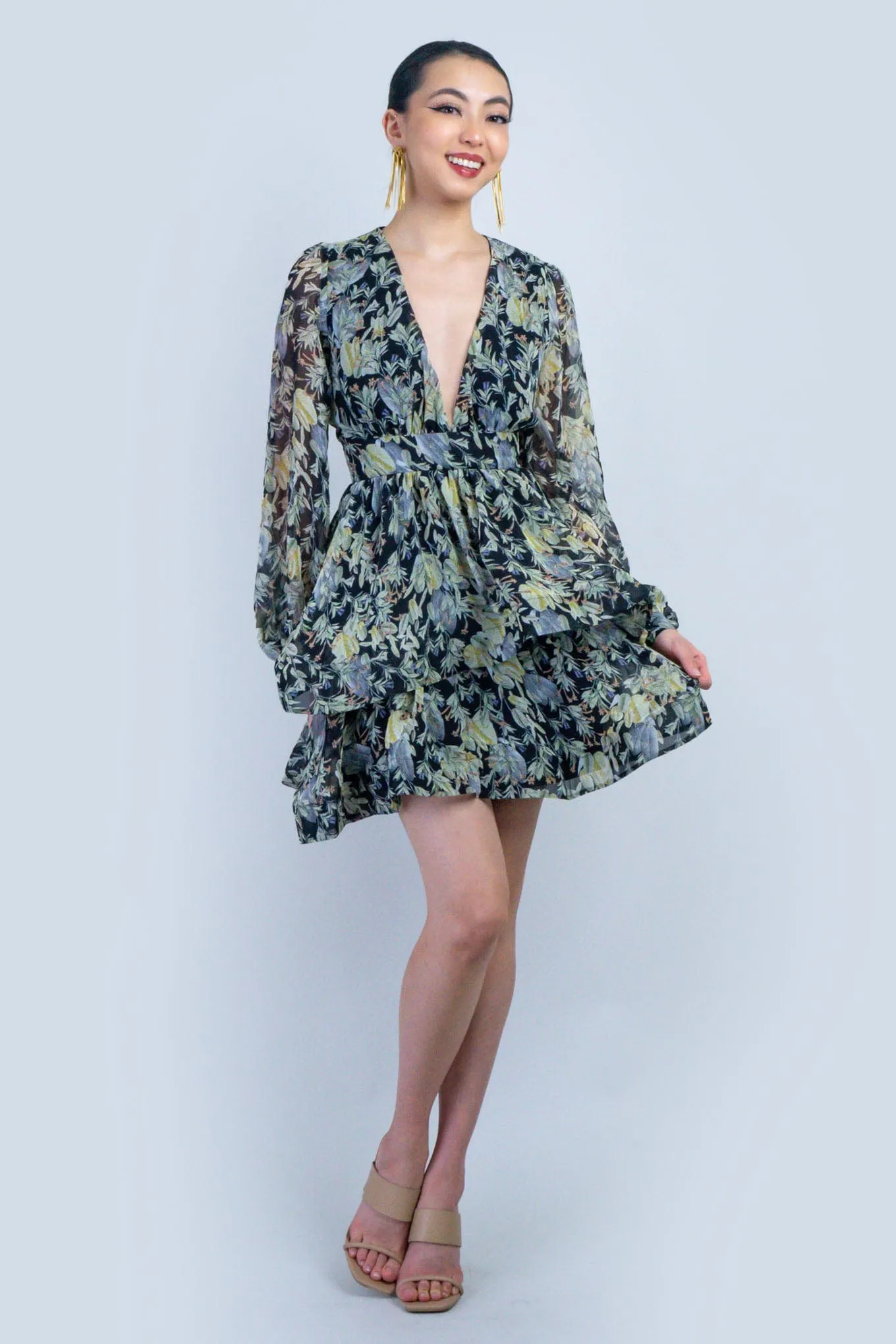 Black Floral Print Skater Dress