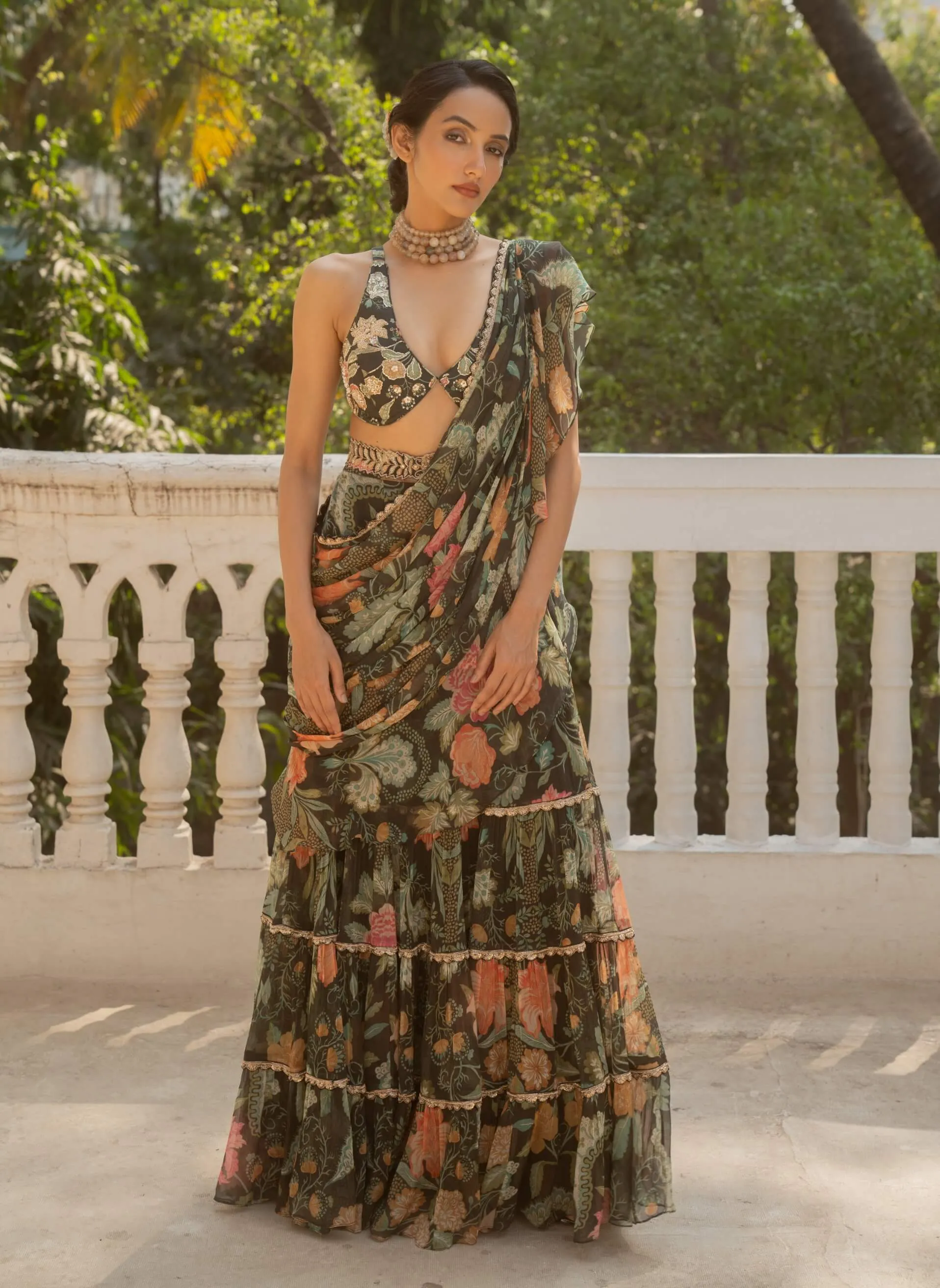 Black floral printed draped sari set