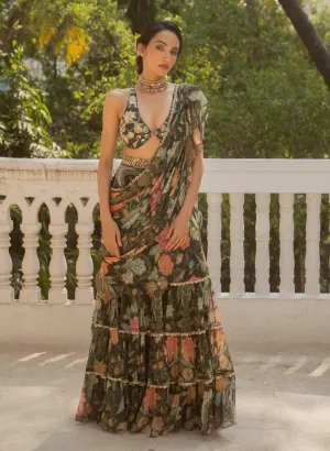 Black floral printed draped sari set
