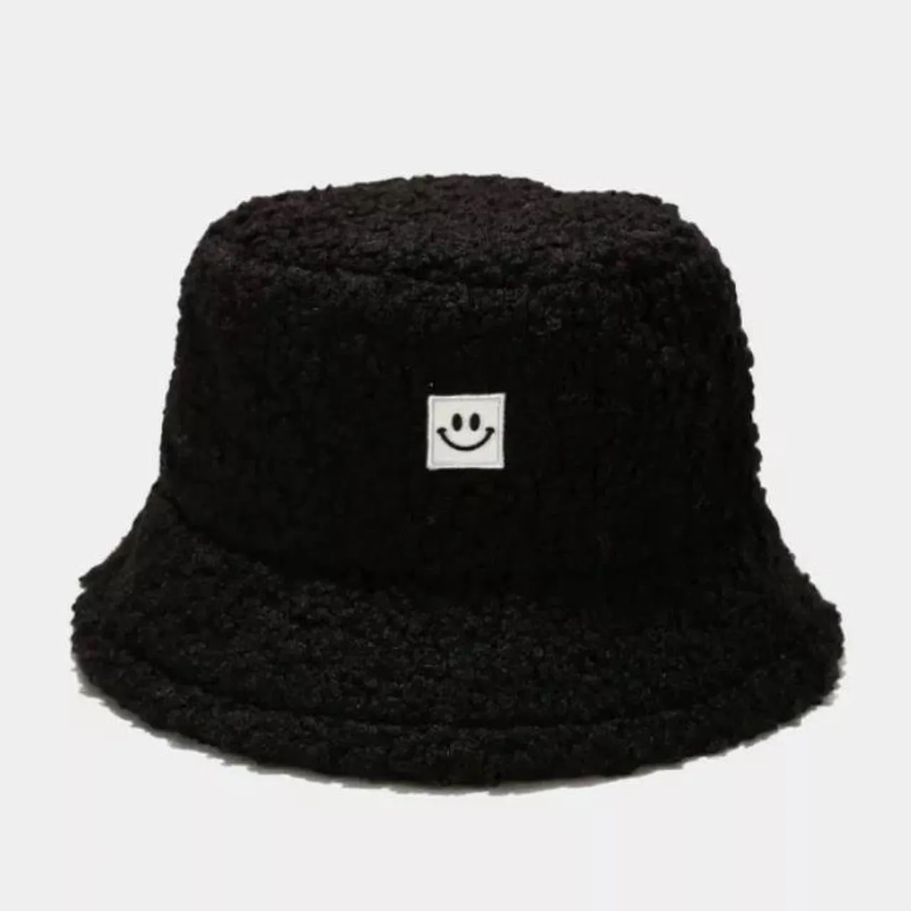 Black Fuzzy Smiley Face Bucket Hat