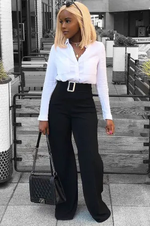 Black High Waist Wide Leg Trousers with Buckle - Monico