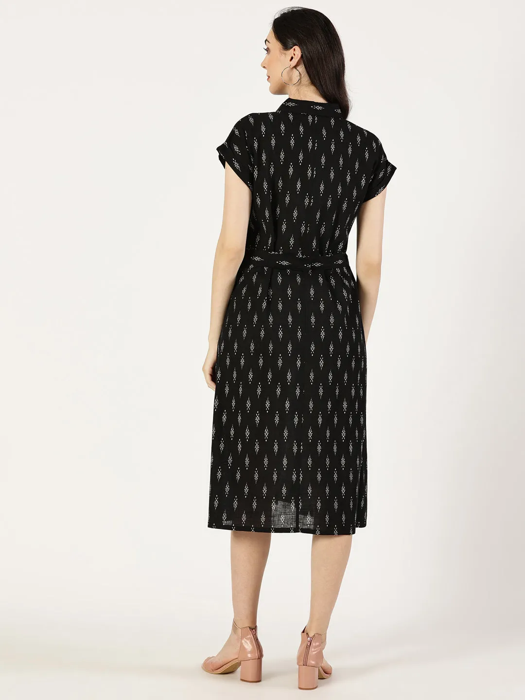 Black Ikat Print Cotton Dress With Belt Buckle