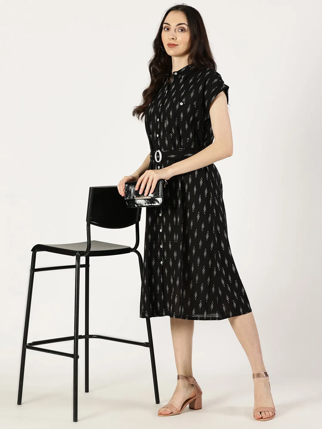 Black Ikat Print Cotton Dress With Belt Buckle
